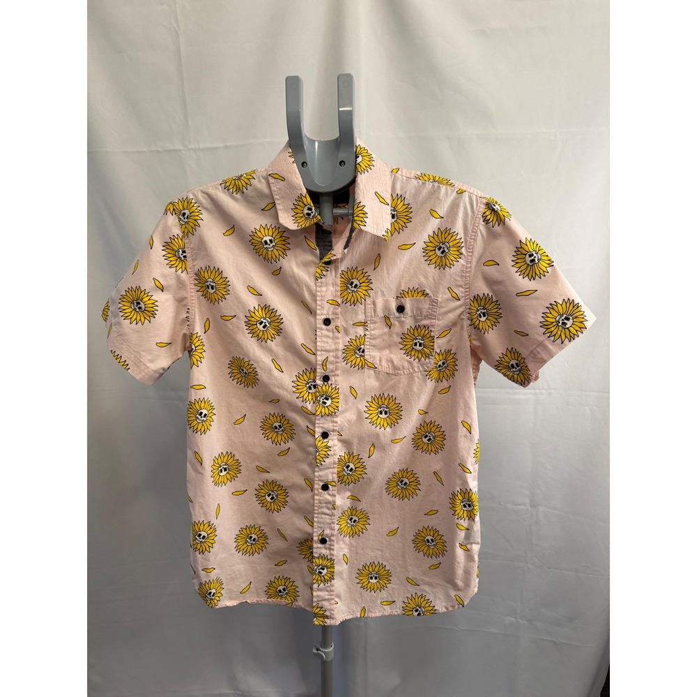Eighty Eight Mens Pink Sunflower Skull Graphic Short Sleeve Button Down Shirt L